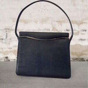 Vintage black embossed lizard reptile leather hand bag brass hardware